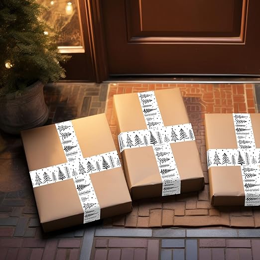 Whaline Christmas Packing Tapes Xmas Tree Printed Tape Waterproof Packing Shipping Tape Decorative White Gift Wrapping Tape for Small Business Gifts DIY Crafts Box Cartons Decor,1.89 in x 109yd