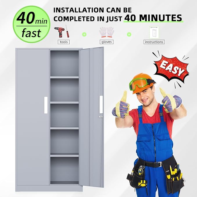 Metal Storage Cabinet, 72" Locking Steel Cabinets with 2 Door and 4 Adjustable Shelves, Tall Metal Cabinet for Home Office, Garage, Warehouse,(Cement)