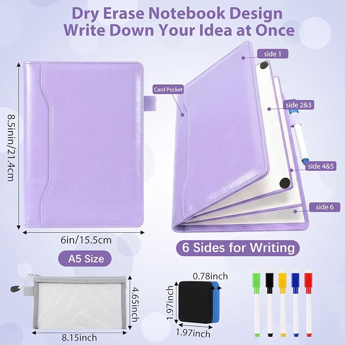 Feifeiya 6 Sides Dry Erase Notebook, Purple, A5 6" X 8.5" | Portable Reusable Whiteboard Notepad 6 Side Foldable Dry Erase White Board for Planner Office Study Business Meeting Supplies