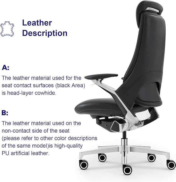 Genuine Leather Executive Office Chair，Top-Grain Cowhide, Ergonomic Design | Adjustable seat and headrest heights, 3-position recline (lockable)—suitable for home offices and high-end office settings.
