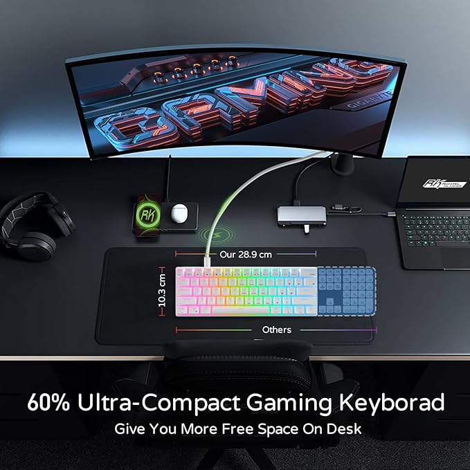 RK ROYAL KLUDGE RK61 60% Gaming Keyboard, Wired RGB Mechanical Keyboard with No-Conflict 61 Keys, Hot Swappable PC Game Keyboards for Windows Mac, Quiet Red Switch-White