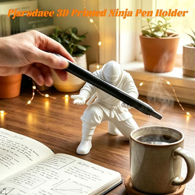 3D Printed Ninja Pen Holder - Cool Ninja Figurine Pen Stand, Decorative Desk Organizer for Office & Home (white)