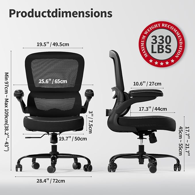 TRALT Ergonomic Office Chair Desk Chair with Adjustable Lumbar Support | Desk Chair Comfy with Flip-up Armrests Ergonomic Chair - Mesh Computer Chairs for Adults, 330lbs, PU Leather (Black, 6)