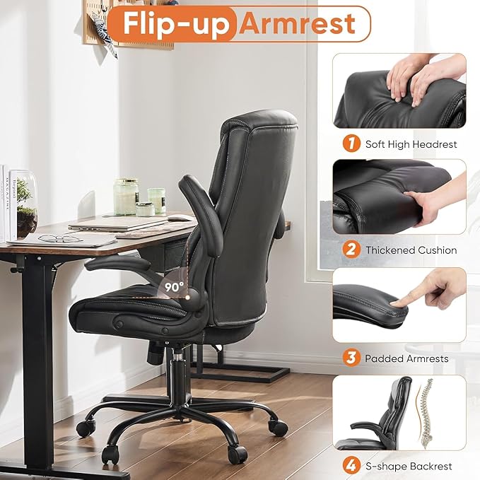 Sweetcrispy Ergonomic Computer Gaming Office Chair Set of 2, Heavy Duty Task Desk Swivel Rolling Chairs with Wheels, Flip-up Arms, Adjustable Height, PU Leather,Inky