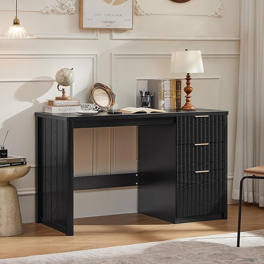 LEYAOYAO Office Desk 48" with 3 Drawers Storage File Cabinet Wood Fluted Desk for Computer Office Bedroom Home Furniture Black