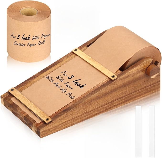 Note Paper Roll Dispenser Desktop Kraft Paper Roll Dispenser Holds 3” Wide with 98ft Wooden Note Taking Roller Holder Tearable Cutter Grocery List Sticky or Home