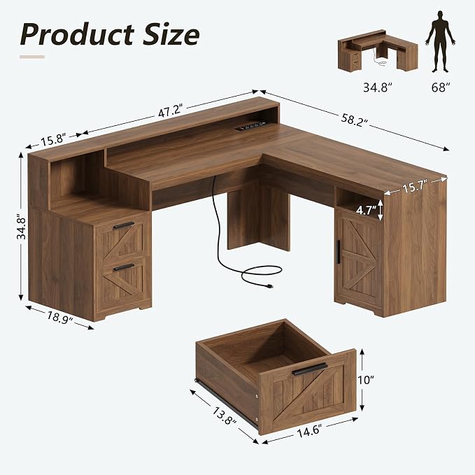 63" Farmhouse L Shaped Desk with Drawers & Printer Shelf for Home Office | Corner Computer Desk with Storage, Power Outlets, L Shaped Office Desk with Monitor Stand, Printer Shelf, Brown