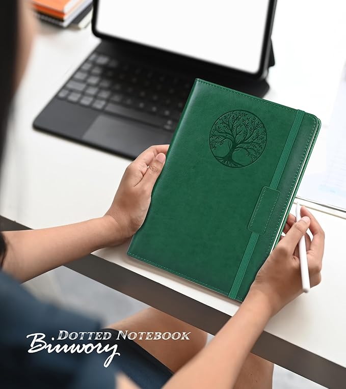 Dotted Journal Notebook for Women Men, 140 Pages Hardcover Dot Grid Notebooks for Work, School & Travel, Leather Journals for Writing, Bullet Journaling 5.7"×8.3" (Green)