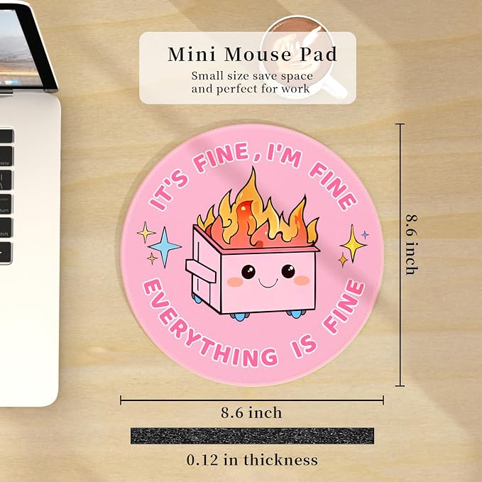 Hancynir Cute Mouse Pad, Dumpster on Fire Round Mousepad for Office Desk | Mouse Mat for Computer, Non-Slip Rubber Base, Office Desk Decor, Gifts for Work Coworker Teacher, 8.6 Inch, Stitched Edges