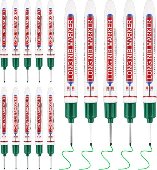 15 Pcs Long Head Deep Hole Marker, 20 mm Long Nose Nib Deep Reach Metal Marking Pen, Quick-drying Waterproof Permanent Pens For Carpenter, Woodworking, Construction (Green)