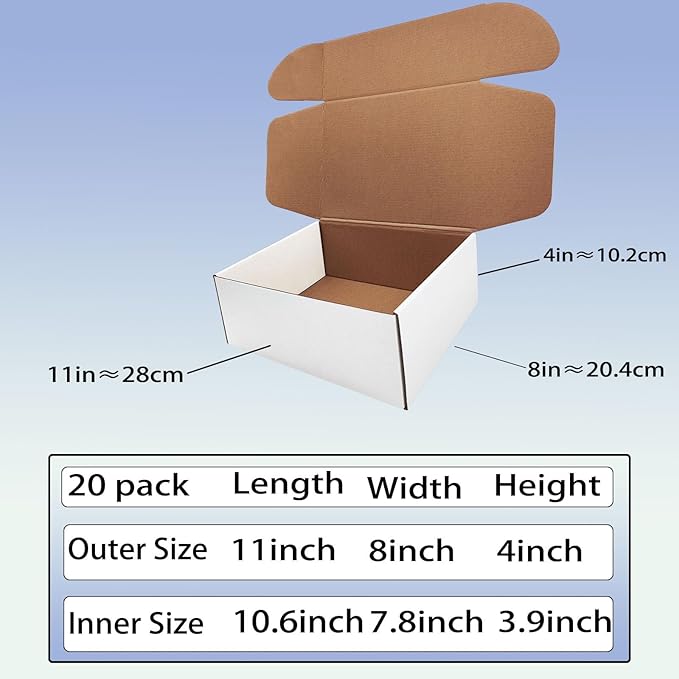11 x 8 x 4 inch Shipping Boxes Set of 20， White Corrugated Cardboard Box Mailer Boxes for Packaging Small Business Shipping，Mailing Boxes Bulk for Birthday Wedding Party Book Literature Gift Giving