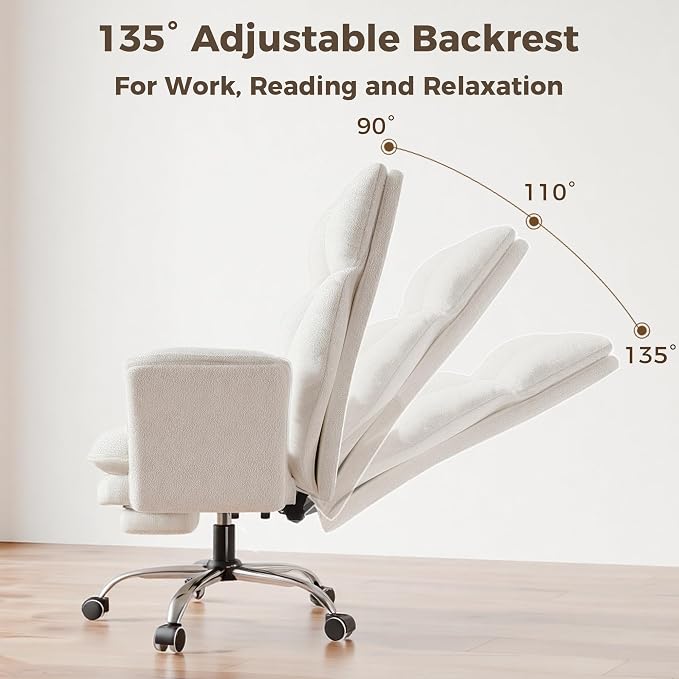 Big and Tall Office Chair, Flip Armrests for Pets & Cross Legged Sitting | Executive Ergonomic Computer Gaming Chair with Foot Rest, Teddy Fleece Wide Seat Reclining Desk Chair, White Vanity Chair