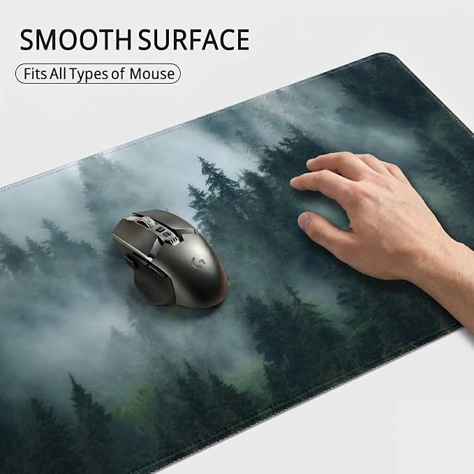 Auhoahsil Aerial Misty Forest Desk Mat, Ultra Large Full Desk Gaming Mouse Pad, Foggy Green Forest Landscape Extended Keyboard Pad, Nature Aesthetic Desk Pad for Home Office Gaming, 35.4"x 15.7"