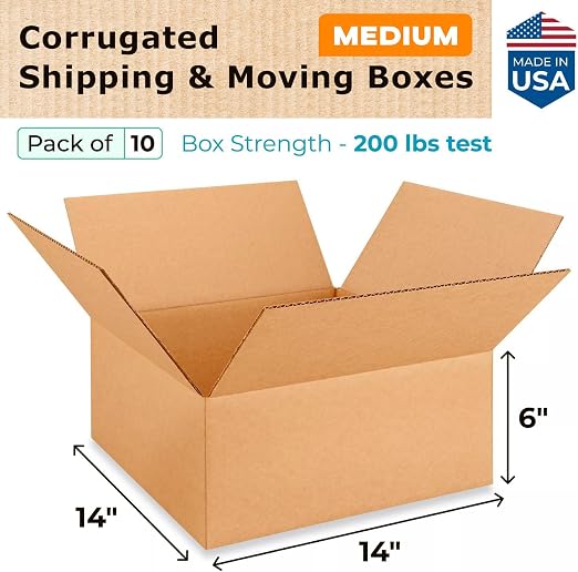 Medium Moving & Shipping Boxes 14x14x6 inches (10-Pack) - Extra Strength 200 lb vs Regular - Corrugated Heavy Duty Moving Boxes, Made in USA - Cardboard Moving Box by IDL Packaging | Extra Strength 200 lb vs Regular - Corrugated Heavy Duty Moving Boxes...