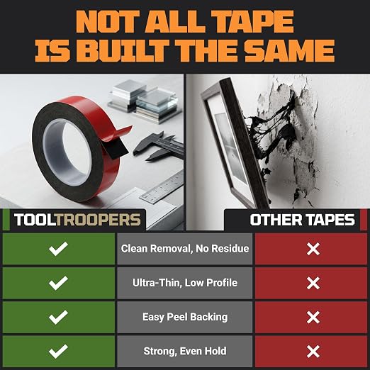 TOOLTROOPERS Wall-Safe Double-Sided Mounting Tape - Heavy-Duty 2-Sided Adhesive Tape - Damage-Free Removal, No Residue - Easy-Peel Liner for Home, Office, DIY, Posters & Signs – 16.4 ft Roll (Black)