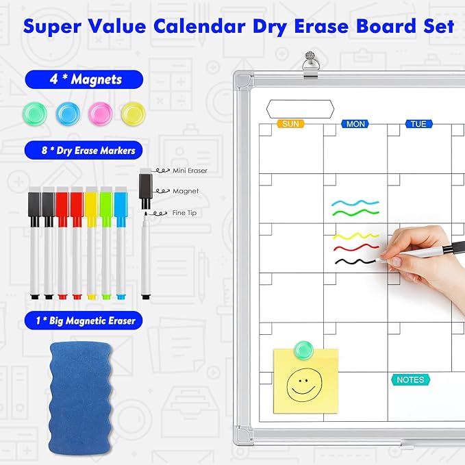Dry Erase Calendar Whiteboard for Wall, 24" x 18" Magnetic Monthly White Board Calendar Dry Erase, Wall Hanging Aluminum Frame with Tray for Home, School, Office