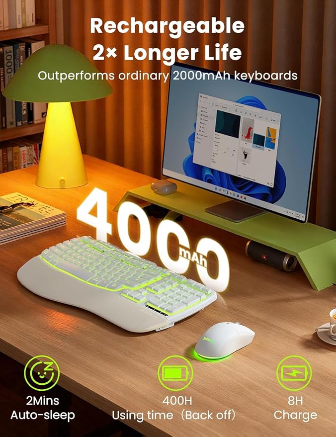 SABLUTE White Wireless Keyboard and Mouse Combo, Light up Ergonomic Keyboard Set, 2.4G Full Size Ergo Wave Key Board with Cushioned Plam Rest, Silent Mouse, for Computer/Laptop/Windows/Mac