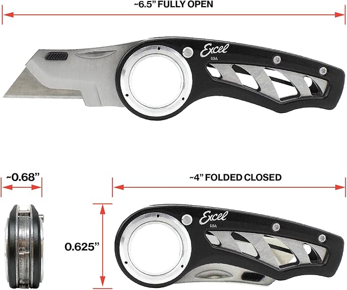 Excel Blades Revo Folding Utility Knife – Heavy-Duty Box Cutter with Aluminum Body, Quick-Change #92 Blades, 3 Lock Positions Design, Anti-Slip Finger Loop Grip, Holster Included – Black