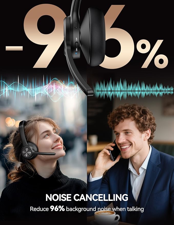 TECKNET Trucker Bluetooth Headset, Wireless Headset with Mic for Work, V5.2 Bluetooth Headphones with AI Noise Cancelling Microphone, 60H Battery, On-Ear Headphones for Call Center, Office, Drivers