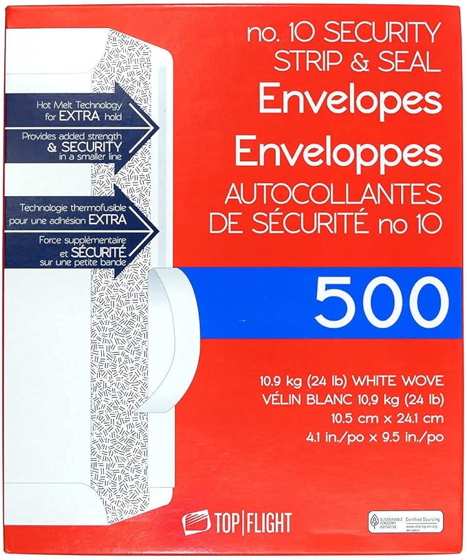 Top Flight PSTF10NWT #10 Envelopes, Strip & Seal, Security Tinted, White Paper, 24 lb, 500 Count