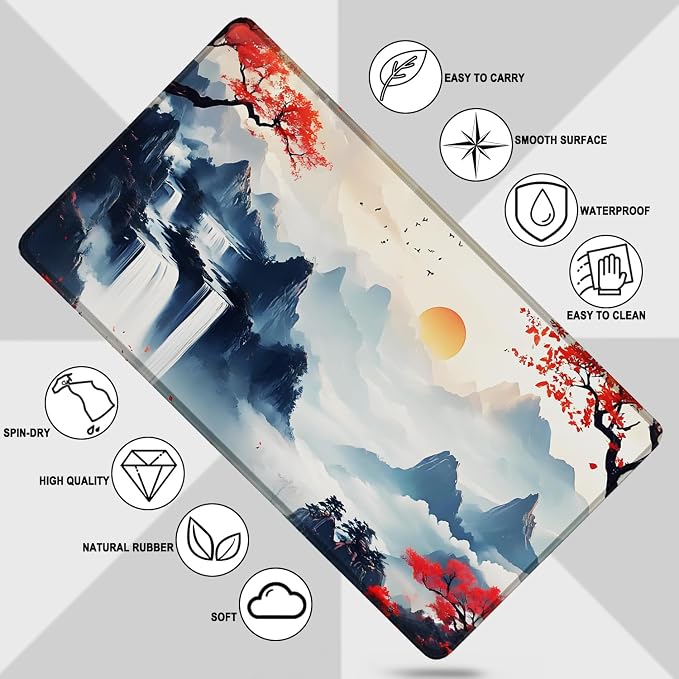 Large Gaming Mousepad, Waterproof Extra Large Mouse Pad with Stitched Edges, 31.5" x 15.7" Non-Slip Rubber Base Office Big Long Keyboard Pad for Office Gamer Home XXL, (Mountains Waters)