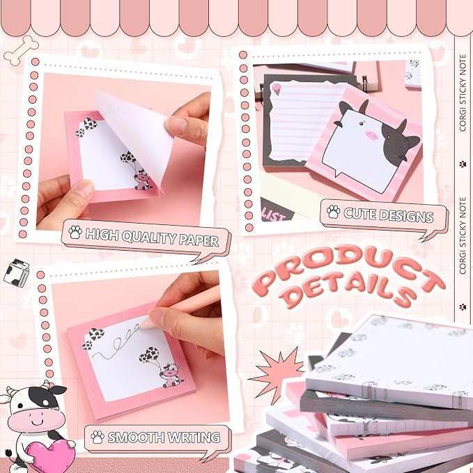 9 Pads Cow Sticky Notes, 3x3 Inch Cute Stick Notepads | Adhesive Memo Notes Pad, Coworker Gifts, Office Supplies Decor, Desk Accessories for Students, Teacher, Meeting