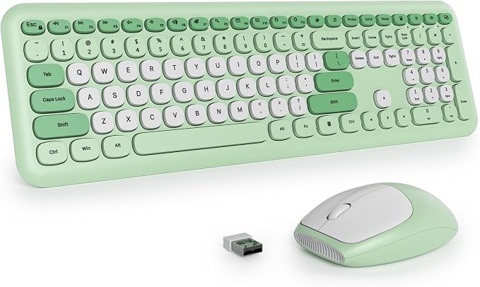 surmen Green Keyboard and Mouse Wireless, Cute Wireless Typewriter Keyboard, Full Size Slim Silent Round Keys Aesthetic for Home and Office(Colorful Green)