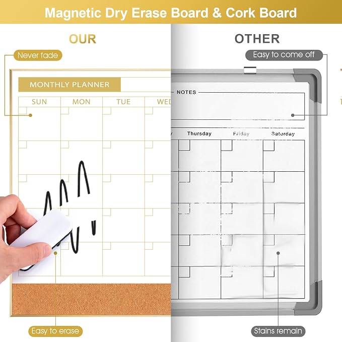 Dry Erase Calendar with Cork Board for Wall | 11.6"x 15.7" Magnetic Calendar Whiteboard with Gold Frame, Monthly Combination Board for School, Home, Office