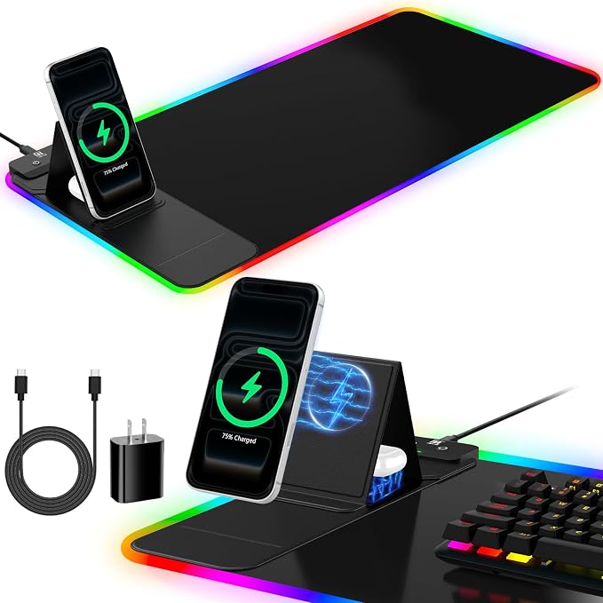 RGB Mouse Pad with Foldable Phone Stand Wireless Charger, 31.5"x11.8" XL Gaming Mousepad Large Desk Mat, Desk Pad with 11 Colors 5 Modes, Waterproof