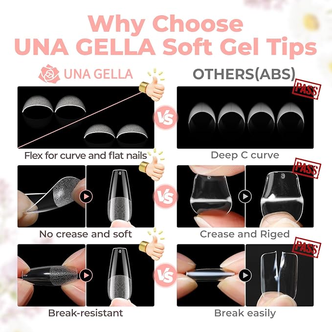 UNA GELLA Coffin Nails Tips 504pcs 12 Sizes, Pre-buffed Soft Gel Nail Tips | Full Cover Medium Coffin Press On Fake Nails for Acrylic False Nails Extension Home DIY Salon Gifts for Women and Girls