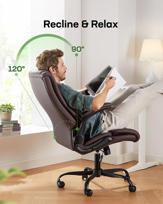 Marsail Executive Office Chair Ergonomic Desk Chair with Flip-up Armrests PU Leather Height-Adjustable Swivel Rolling Brown