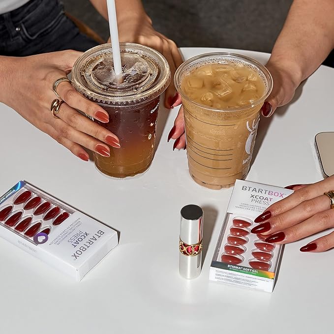 BTArtbox Press On Nails Almond - Lamp-Curable Dark Red Medium Press On Nails with Glue for Women, Semi-Transparent Soft Gel Glue On Nails in 16 Sizes - 32 Stick On Nails Kit, Blackout