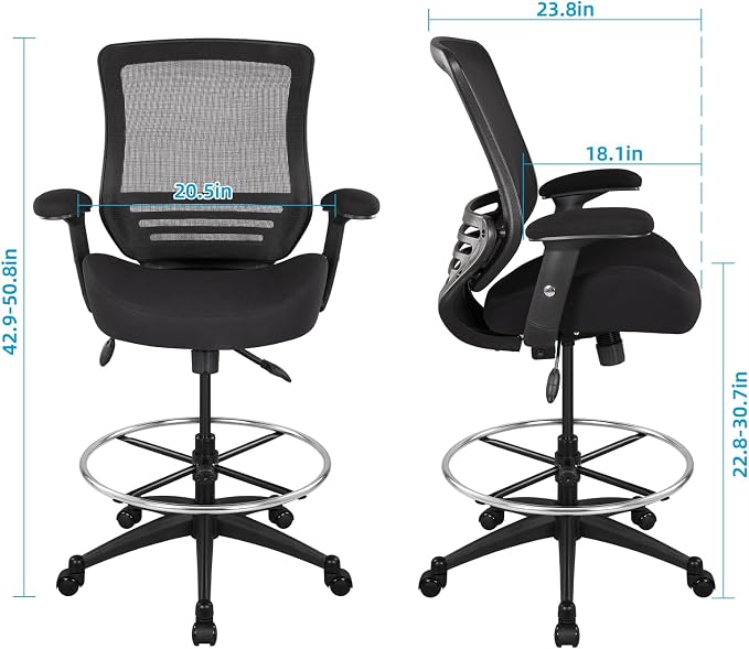 BOLISS 400lbs Mesh Ergonomic Office Drafting Chair Big Adjustable Foot Ring Height Adjustable Armrest(Black)