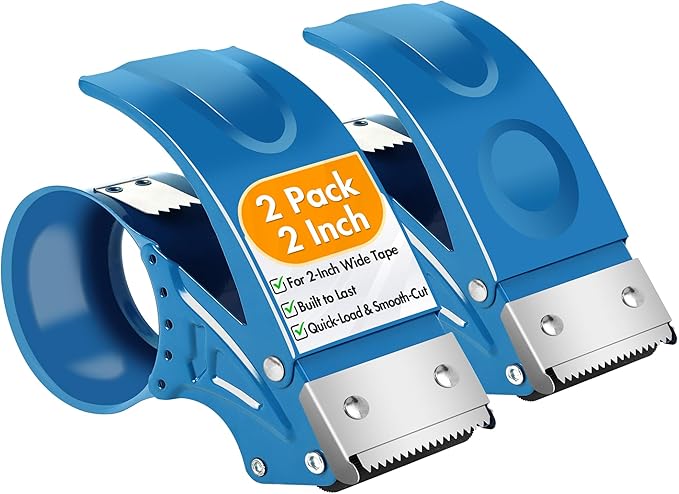2 Pack Heavy Duty Packing Tape Dispenser Gun – 2-Inch Wide Tape Dispenser with Adjustable Brake – Fits 3-Inch Core, Industrial-Grade Tape Gun for Moving, Shipping, Office & Warehouse Use (Blue)