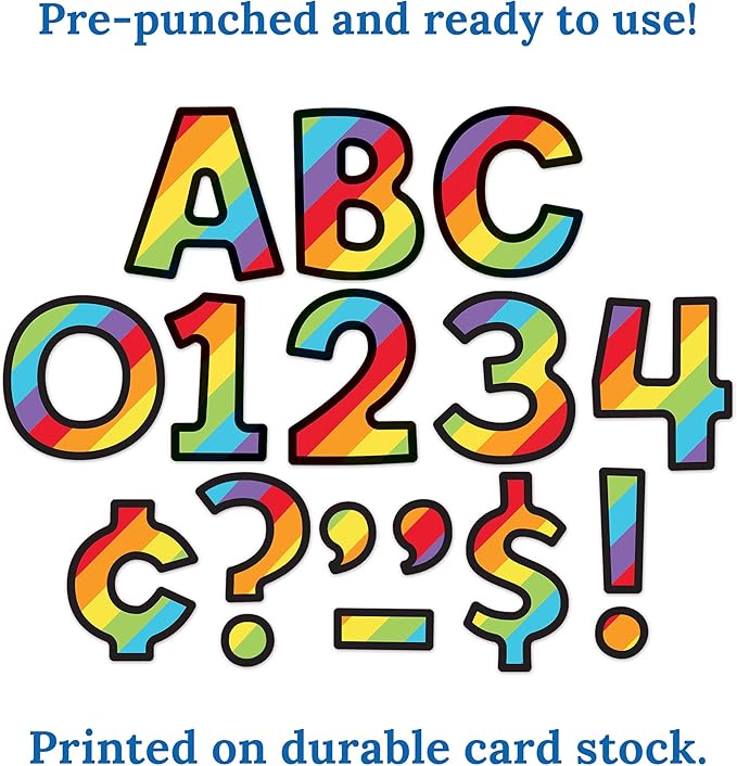 Carson Dellosa 219-Piece Rainbow Cutout Letters, 4" Colorful Upper and Lowercase Alphabet, Numbers, Punctuation, and Symbols for Bulletin Board, Posterboard, Party, and Classroom Decor