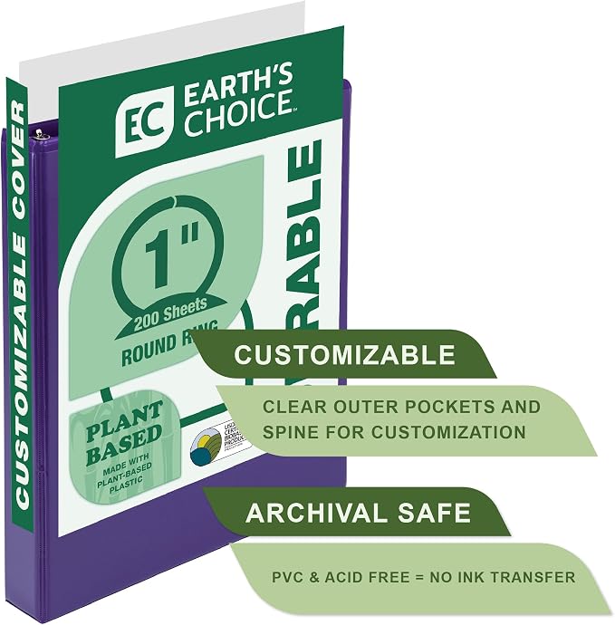 Samsill Plant-Based 1 Inch Durable Round Ring, View Binder, Eco-Friendly, USDA Certified Biobased, Single, Violet