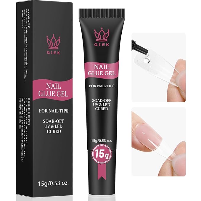 Nail Tips Gel Glue 15g - Lamp Curing Solid Nail Glue for False Acrylic Nails, Crystal Clear Long Lasting 28 Days No Yellowing Salon Quality DIY Home Manicure Beginner-Friendly