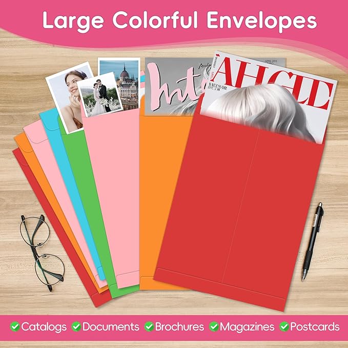 25 Pack Colored Mailing Envelopes, 9 x 12 Inches Self-Seal Colorful Manilla Envelopes for Mailing, Organize, storage, Home, Office Business