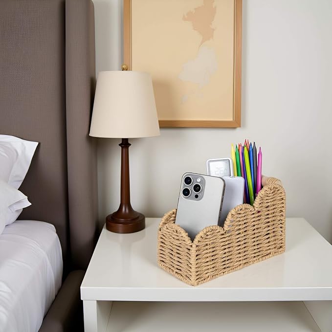 CubesLand Bedside Table Desk Organizer Caddy, Remote Pen&Pencil Holder Cup | Makeup Brush Holder w/Scalloped Perfect for Home, Office Desk, Living Room Table Decor, 3 Slots Beige