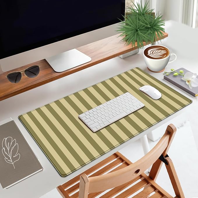 Olive Yellow Striped Desk Mat Cute Pastel XXL Large Gaming Mouse Pad Desk Pad Kawaii Cozy Aesthetic Keyboard Laptop Computer Mat 31.5 x 15.7 Inch