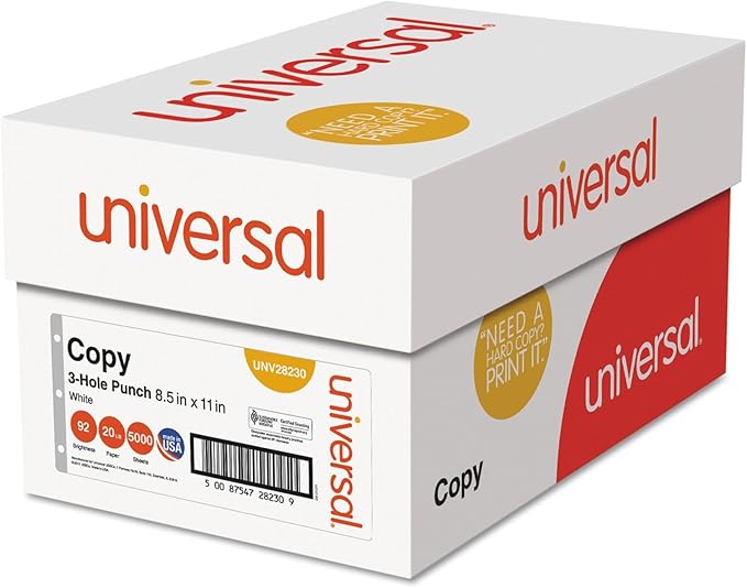 Universal 28230 Copy Paper, 92 Brightness, 20lb, 8-1/2 x 11, 3-Hole Punch, White (Case of 5000 Sheets)