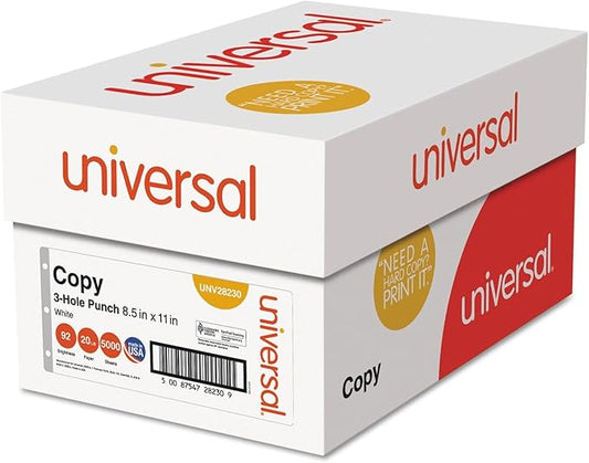 Universal 28230 Copy Paper, 92 Brightness, 20lb, 8-1/2 x 11, 3-Hole Punch, White (Case of 5000 Sheets)