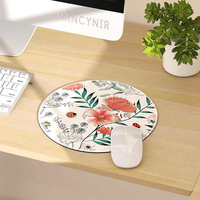 Hancynir Floral Round Mouse Pad, Small Mousepad for Office Desk Laptop | Mouse Mat for Computer, Non-Slip Rubber Base, Office Desk Decor, Gifts for Work Coworker Teacher, 8.6 Inch, Stitched Edges
