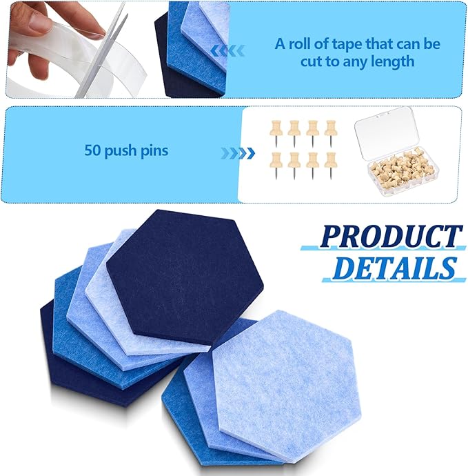 16 Pcs Hexagon Cork Board for Walls with 50 Wooden Push Pins 6.7 x 5.9 in Felt DIY Tiles Notice with Nano Tape Hanging Bulletin Board for Home Photo Office Memo Note(Ocean)