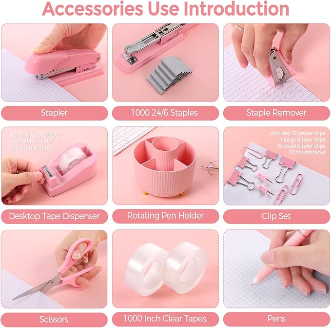 SKYDUE Pink Desk Accessories 11Pcs with Rotating Pen Holder for Desk | Included Stapler with Staples, Staple Remover, Tape Dispenser,2pcs Tape Refills, Binder Paper Clips Kit, Scissor, 2pcs Pens