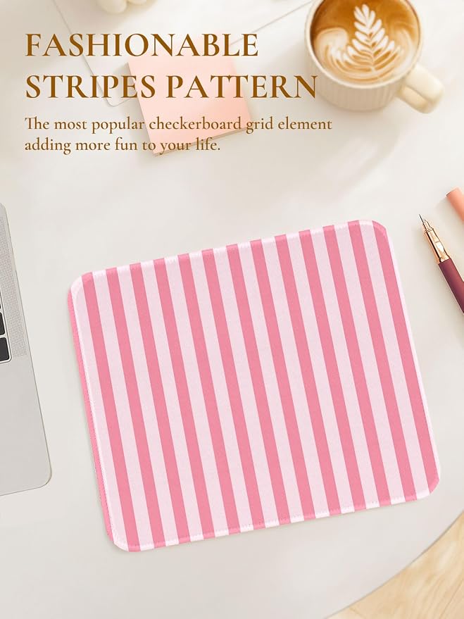 Square Cute Striped Mouse Pad with Stitched Edge, Premium Waterproof Cloth Aesthetic Small Mouse Mat, Non-Slip Rubber Base Simple Funny Mousepad Desk Accessories,Rose Pink