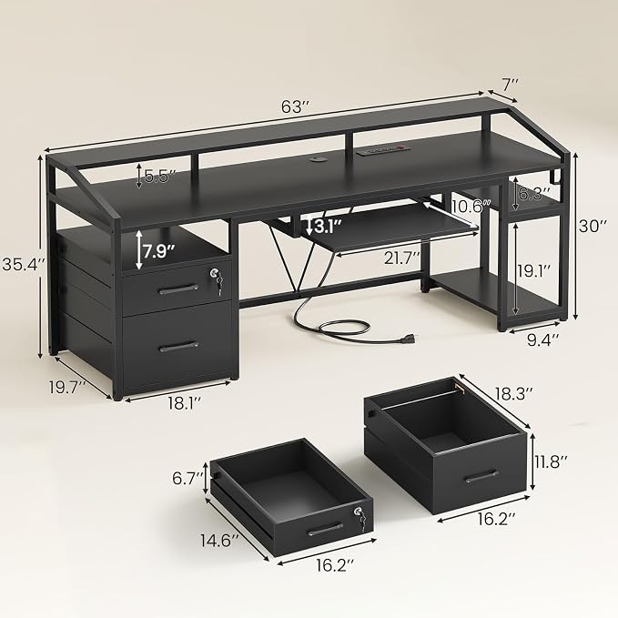 SEDETA 63" Computer Desk, Office Desk with Lockable Drawers for Legal/Letter File, Gaming Desk with LED Lights & Power Outlet, Home Office Desks with Storage, Black