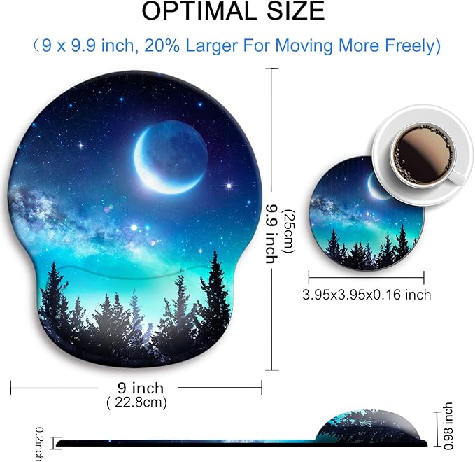 Ergonomic Mouse Pad with Wrist Support Rest,Large Mousepad Gel Wrist Rest, with Coaster Non-Slip & Pain Relief for Computer, Desk, Home&Office-Forest Moon