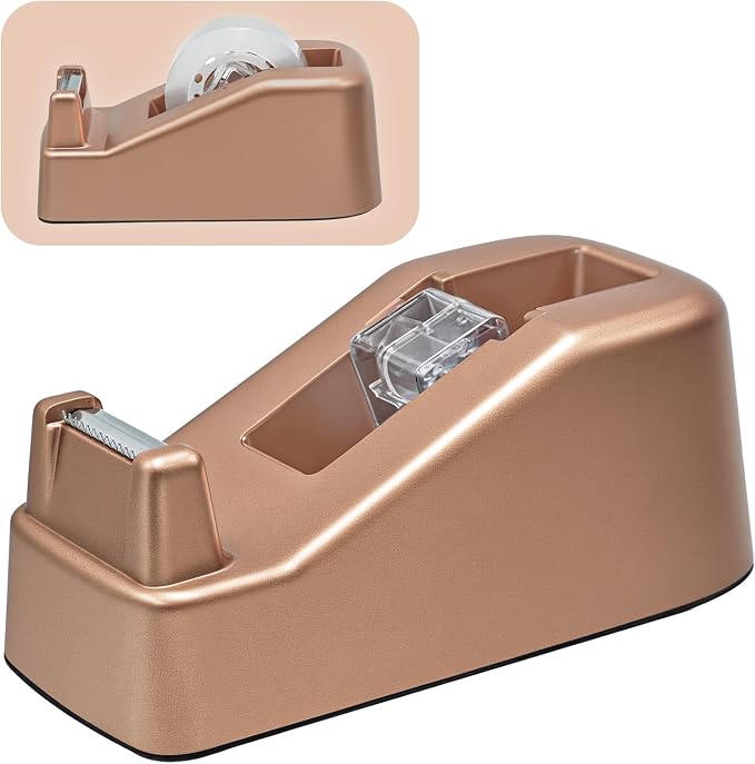 Aesthetic Metallic Finish Office Tape Dispenser, Fits 1" Core, Rose Gold | Standard 1-Inch Clear Tape Roll Holder, Elegant Stylish, Rubber Base, Smooth Cut Serrated Blade, Home Desktop Supplies Decor