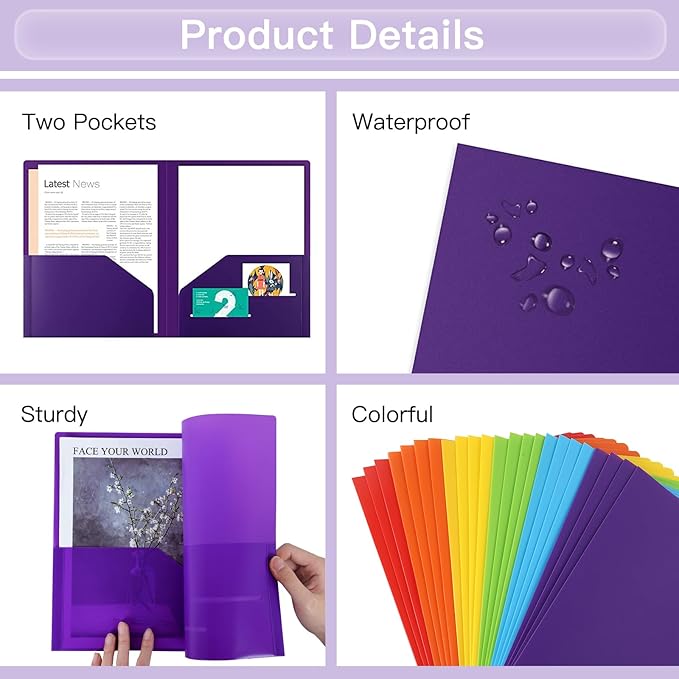 EOOUT 24pcs Folders with Pockets, Plastic Pocket Folders, 2 Pocket Folders with 2 Business Card Holder, 6 Colors, Letter Size, A4 Size, for Office, Teaching, Students and School